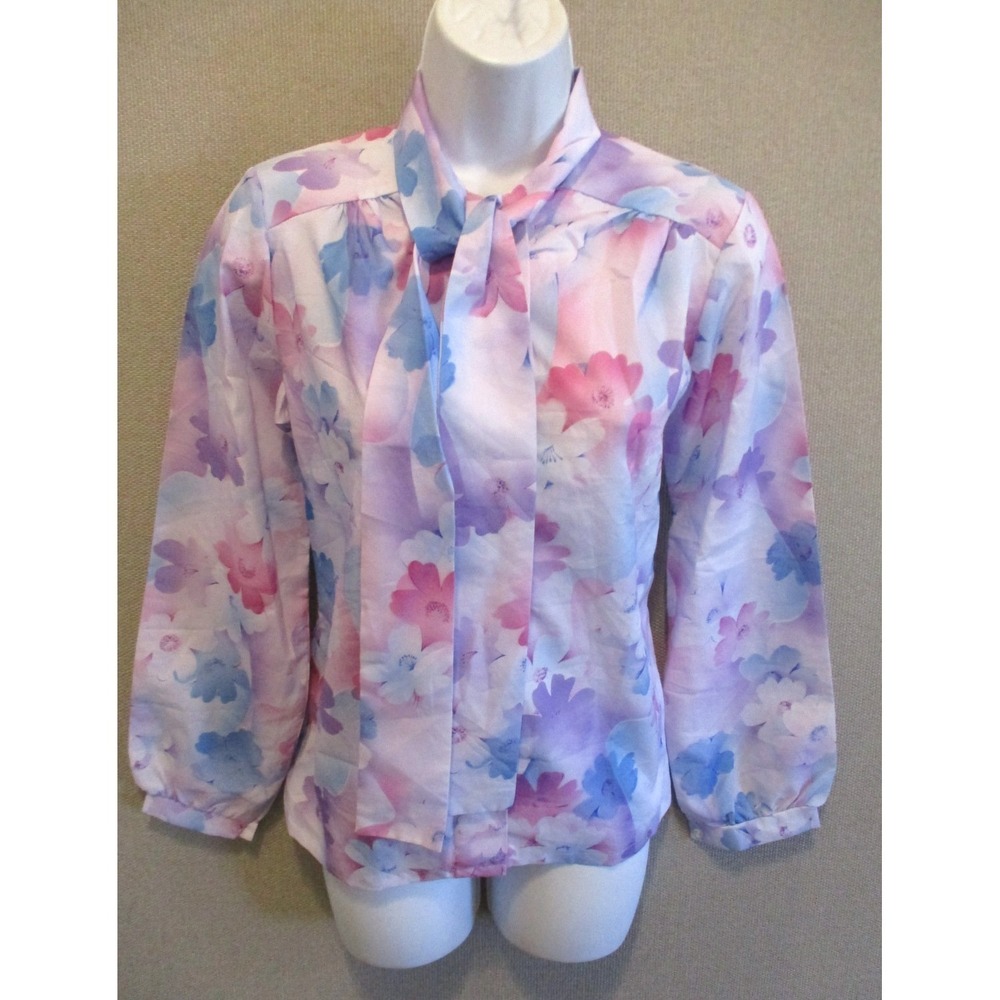 VTG 70's Rhapsody Floral Print Blouse Size Small Bow Tie Pastel Career Top